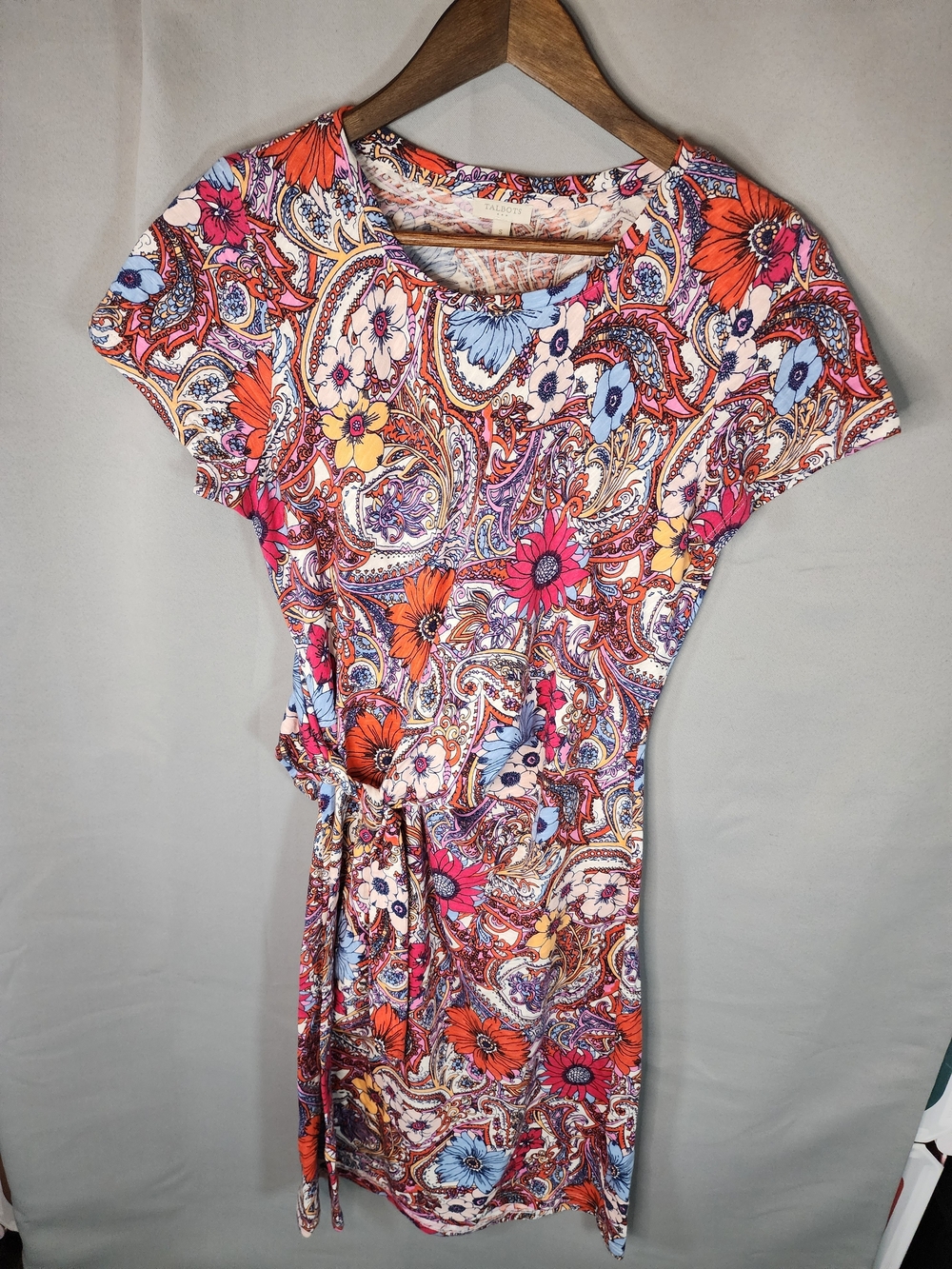 Talbots Orange Pink Blue Floral Paisley Tie-Waist Mini Dress